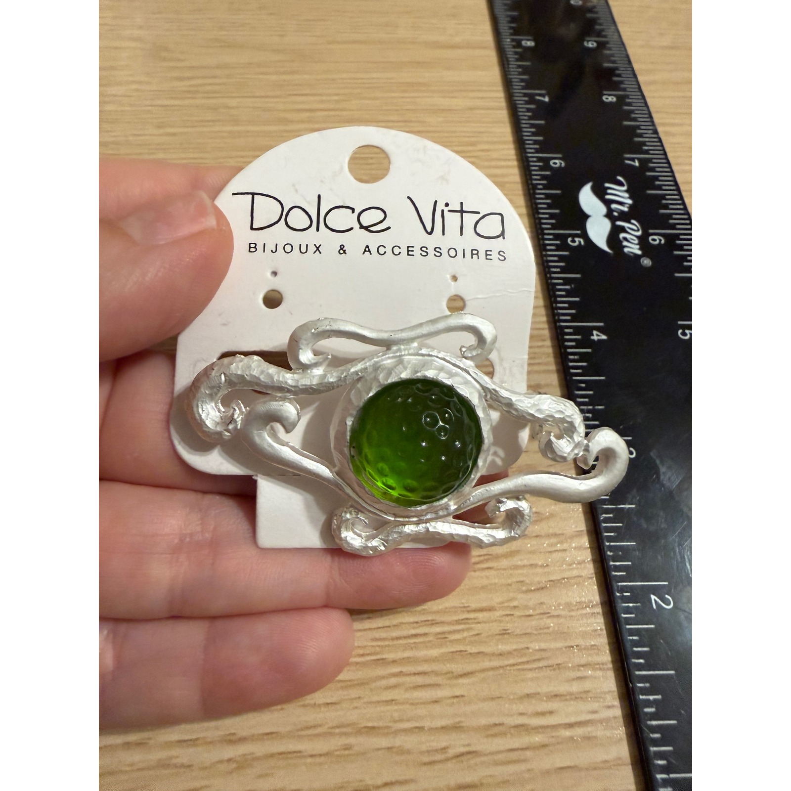 Dolce Vita Silver Tone Green Glass Cabochon Artisan Statement Brooch Pin